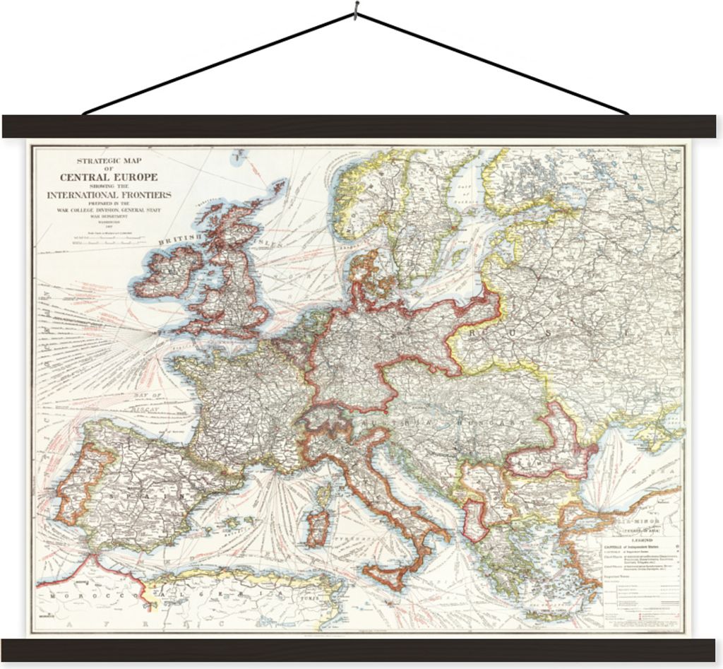 MuchoWow Textilposter Karte - Europa - Jahrgang 150x113 cm mit schwarzem Rahmen - Wohnzimmer