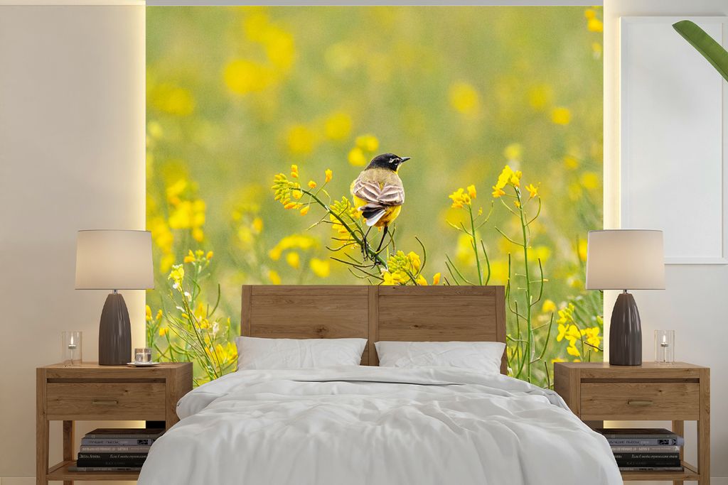MuchoWow Fototapete für Wohnzimmer oder Schlafzimmer Wandtapete Vinyl Motivtapete Vogel - Blumen - Gelb - 300x300 cm - Wanddekoration