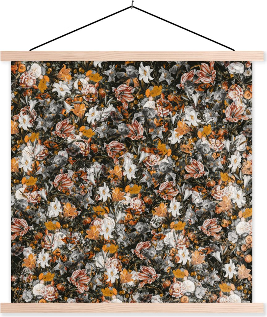 MuchoWow Textilposter Blumen - Collage - Kunst 120x120 cm mit holzfarbenen Rahmen - Textil-Poster