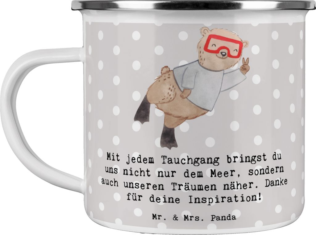 Mr. & Mrs. Panda Emaille Becher Tauch Trainerin - Grau Pastell - Geschenk, Magie des Tauchens, Sportart, Teetasse, Tasse, Meereswelt, Danksagung, U...