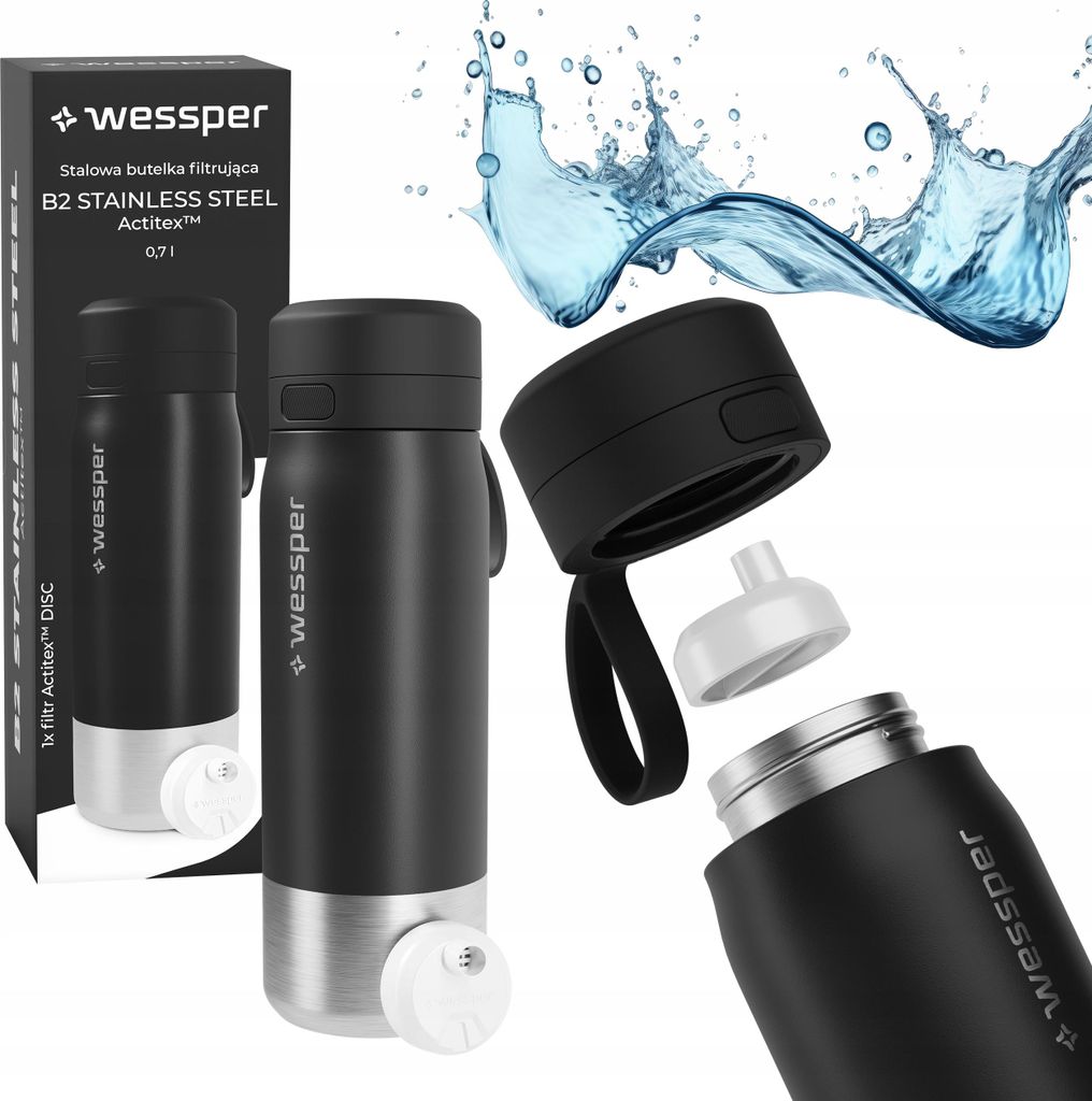 Trinkflasche Wessper 700ml, Edelstahl Wasserfilter Verschluss BPA-frei Schwarz