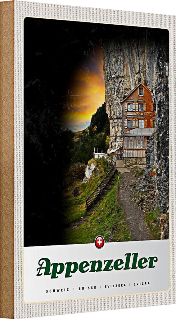 Holzschild Reise 20x30cm Appenzeller Gebirge Gebäude Schweiz