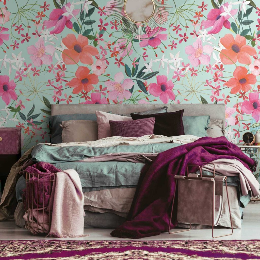 Profhome 391951-GU Fototapete Blumen matt türkis grün pink lila 1,59 m x 2,8 m