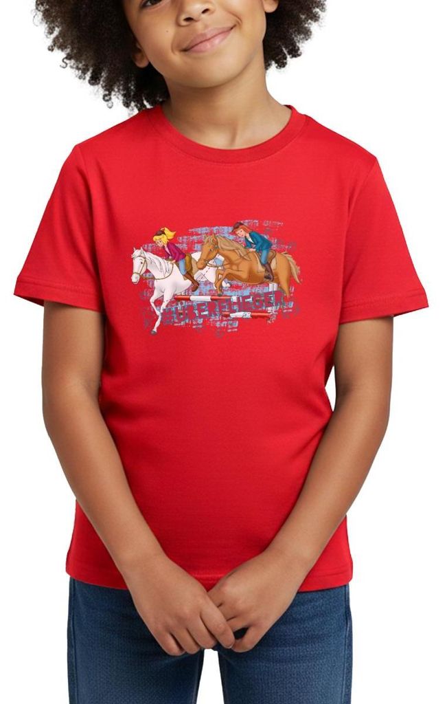 Spreadshirt Bibi Und Tina Pferde Überflieger Springreiten Kinder T-Shirt, 98/104 (3-4 Jahre), Rot
