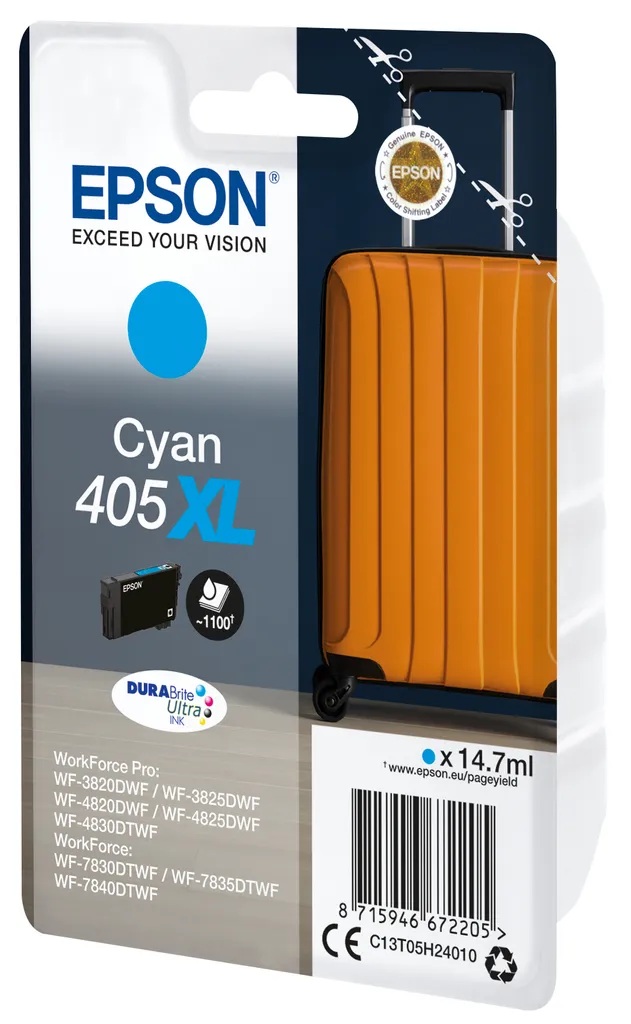 Encre Epson 405XL Cyan de 14.7 ml Originale pour WorkForce WF-7830 7840