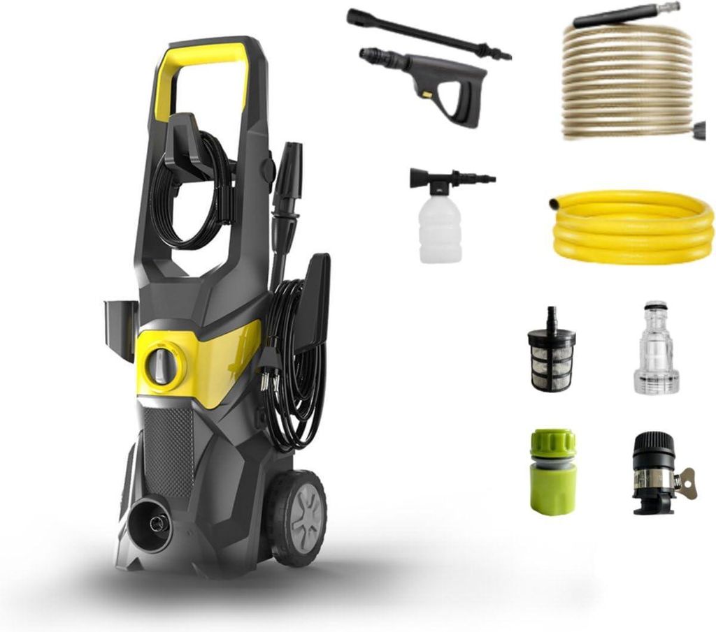 Hochdruckreiniger 1800W mit Extra-Langer Sprühlanze, 4 Metalldüsen & Schaumkanone – 9m Schlauch, Ergonomische Reinigung für Auto, Gehweg & Ter...