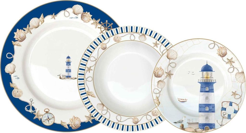 18tlg. Tafelservice BLUE LIGHTHOUSE Leuchtturm aus Porzellan Easy Life