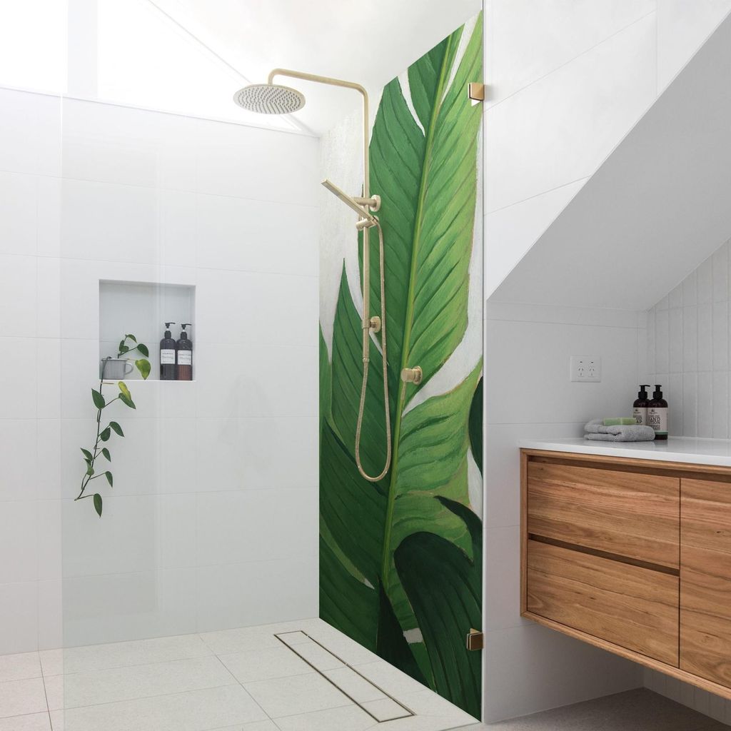 Duschrückwand mit Motiv selbstklebend - 0.61 mm Wandpaneel wasserfest Pflanzen grün Tropisch Badrückwand fugenlos Premium matt 80x190 cm