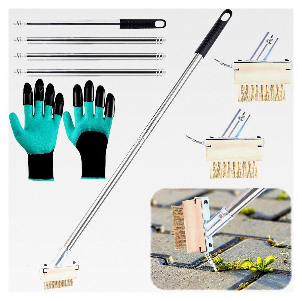Unkrautbürste mit Edelstahlstiel, 160 cm, 2 Unkrautbürsten, Fugenkratzer und Gartenhandschuhe, für Pflastersteine und Mauerkanten, entfernt Moos...