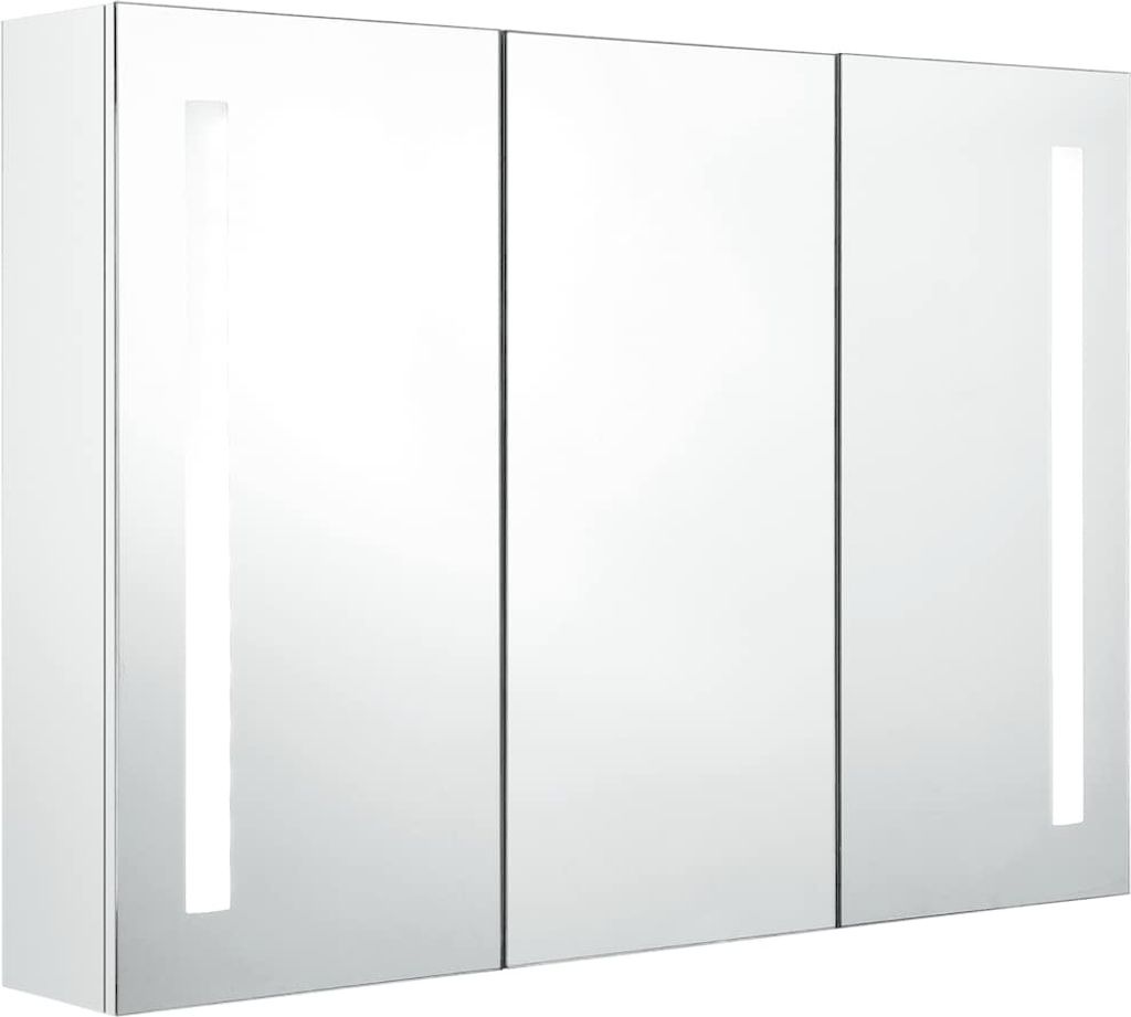 A white LED medicine cabinet with three mirrored doors.
