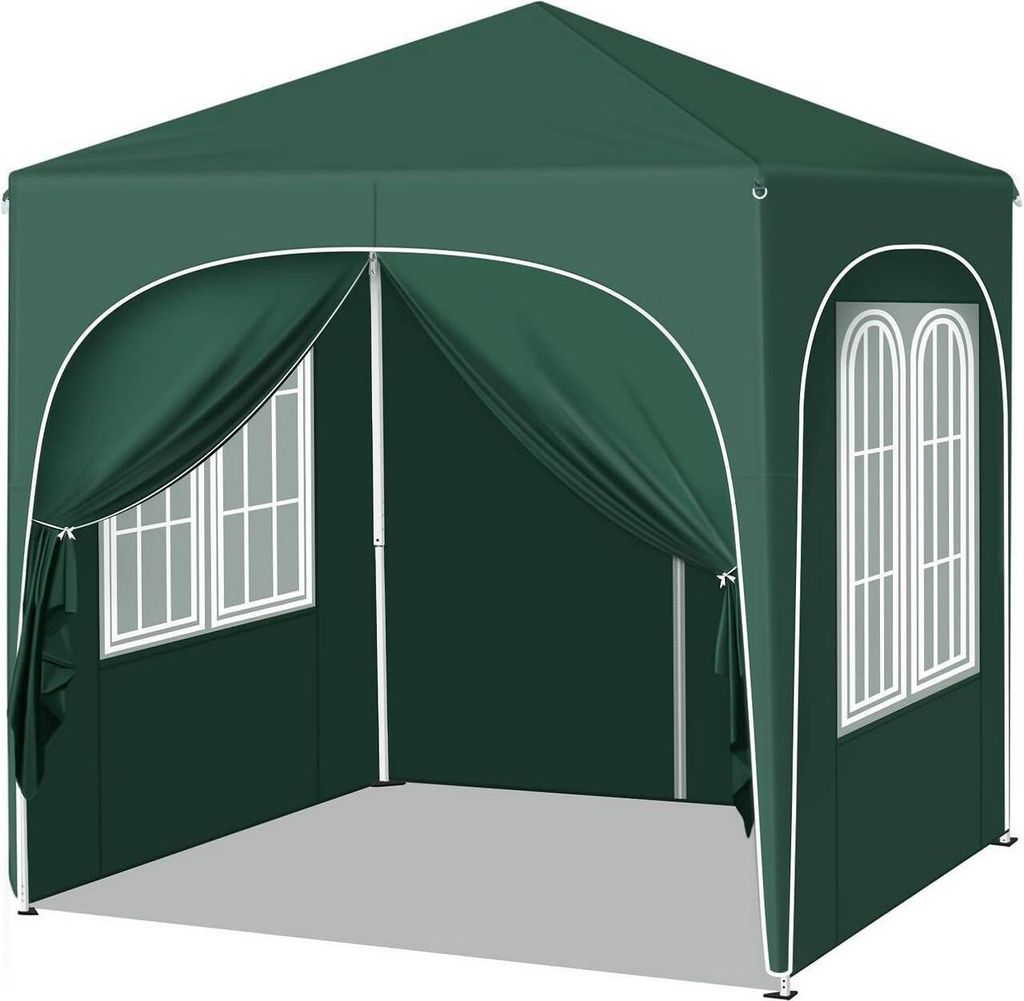 A green gazebo with white trim and windows is shown from the front, with an open entrance.