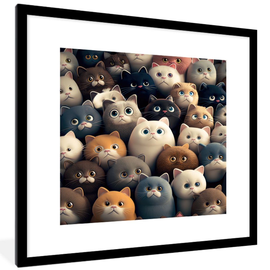 MuchoWow Gerahmtes Poster Katzen - Tiere - Katze - Design - Mädchen - Jungen 40x40 cm - Poster mit Schwarzem Bilderrahmen Wandposter Rahmen Foto...