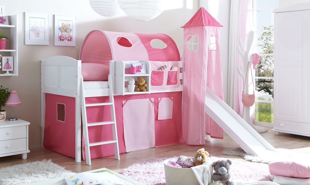 Rutschbett mit Turm "Ekki" Country Kiefer Weiß Classic (Rosa-Pink)