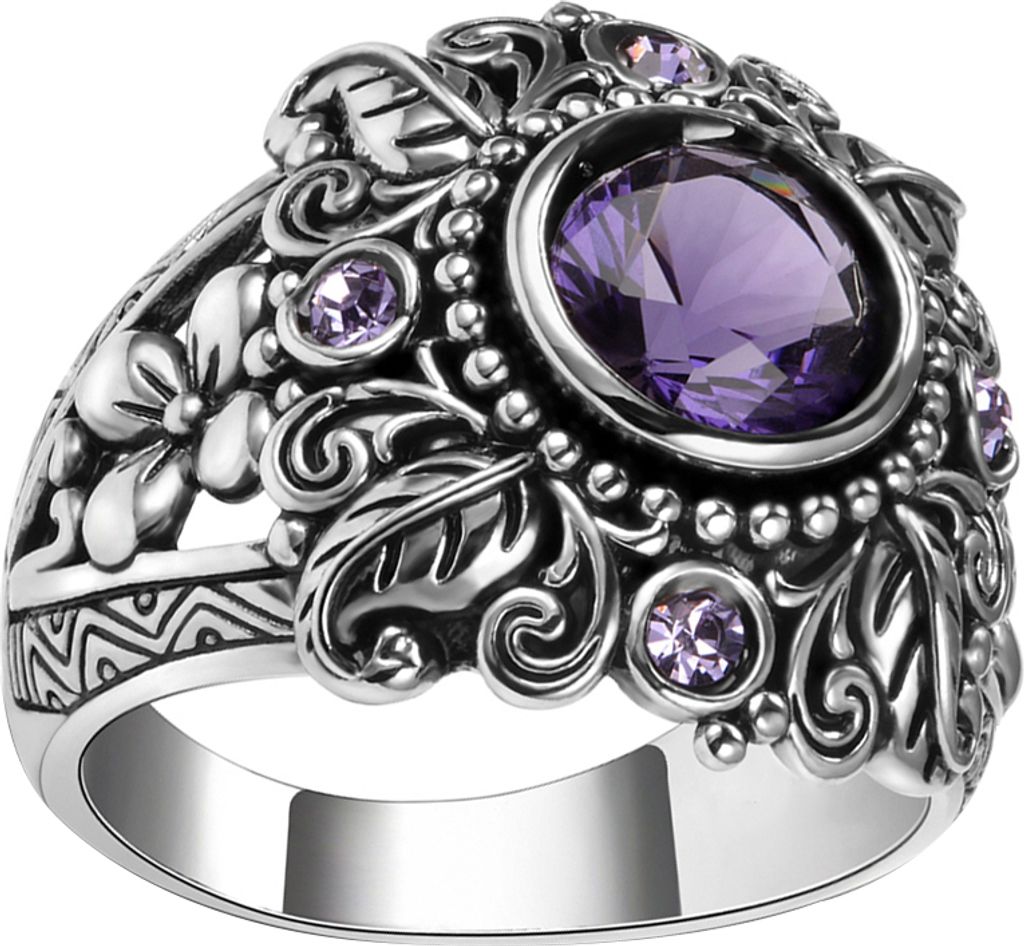 Vintage runder künstlicher Amethyst mit Intarsien, geschnitzte Blume, Damen-Fingerring, Schmuck, Geschenk-Silber,US 7