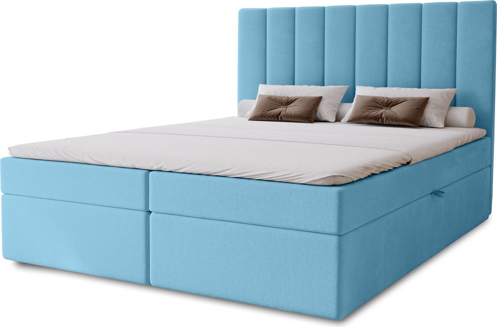 Boxbett Nero mit 2 Bettkästen, 200x200, Farbe: Blau, Velourstoff, Doppelbett mit Bonell-Matratze