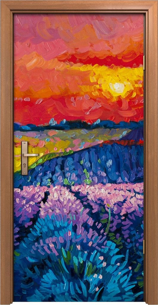 Türposter 90x200 cm Türaufkleber Türtapete Türfolie Klebefolie Kunst Lavendel Wiese Himmel Baum