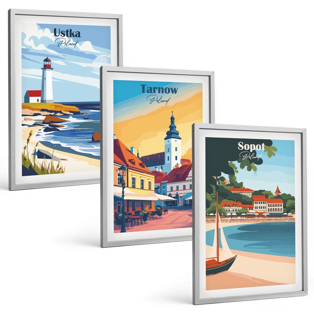 Bilder Set 3-teilig im silbergerahmten Rahmen – Wandbilder 3 Stück – gerahmte Poster für Wohnzimmer, Schlafzimmer und Flur – 40x60 cm – S...