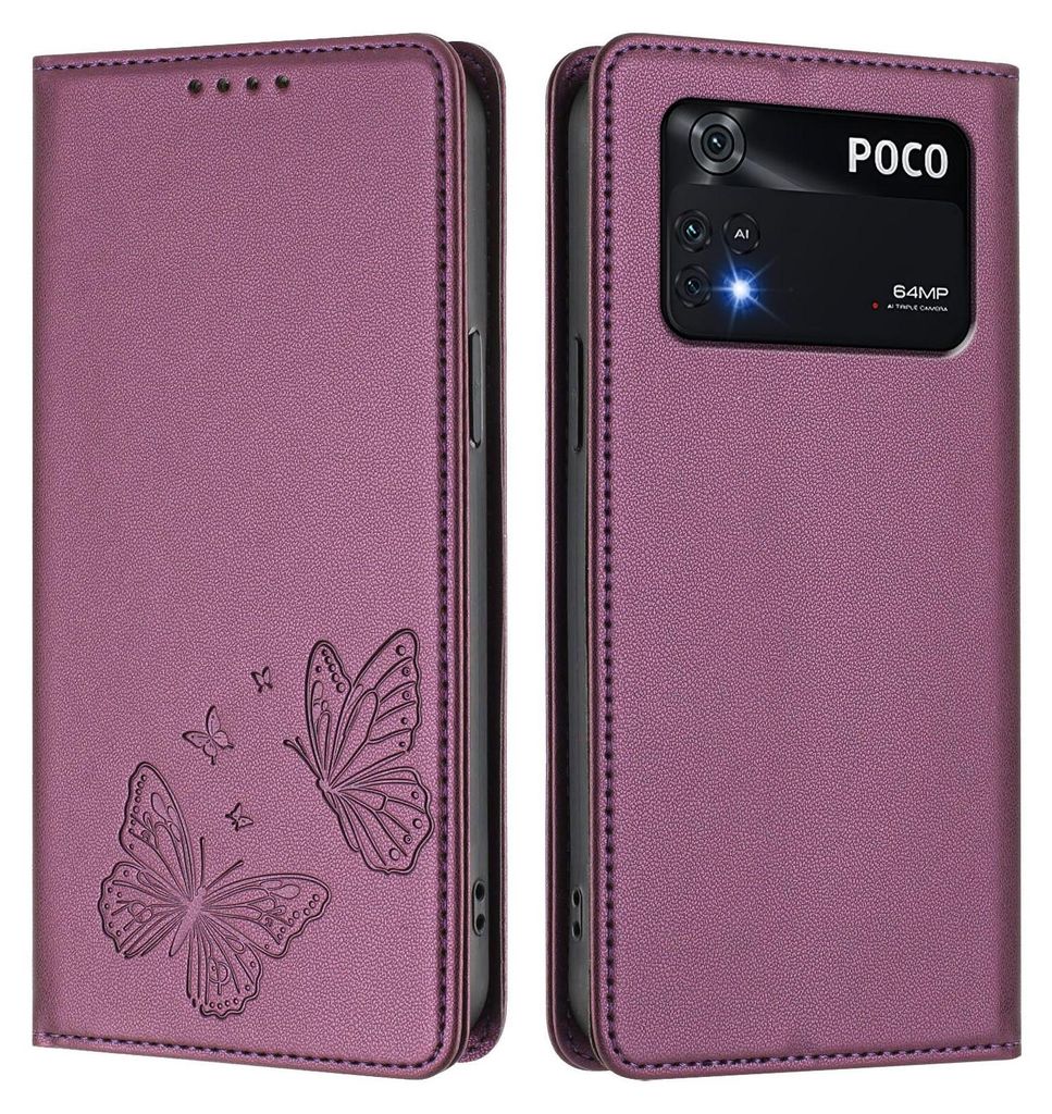 Lederhülle für Xiaomi Poco M4 Pro 4G, Schmetterling Prägung Leder Brieftasche Schutzhülle mit Ständer Lila