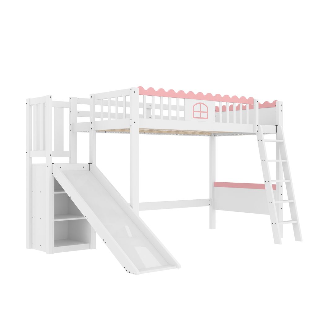 Hochbett, Einzelbett(Ohne Matratze), Kinderbett, mit LED-Leuchten, mit Regalen, mit Rutsche, EN747 , Kiefernholz, 90x200cm, Weiß,