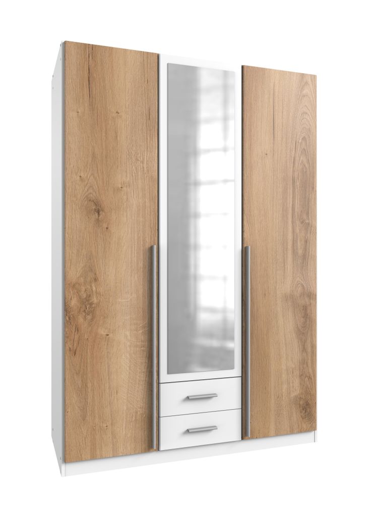 Kleiderschrank Skate in Weiß mit Plankeneiche – Drehtürenschrank 3 türig 135cm Breite