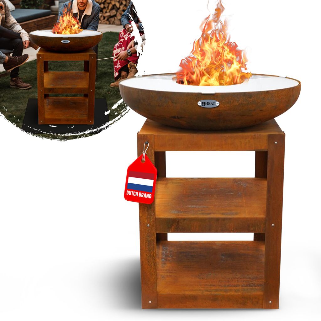 HEAT Outdoor Living Bakka Barbecue Plancha - Plancha Backen - Feuerschale und Sockel - Holzlagerung - 80x80x96 cm