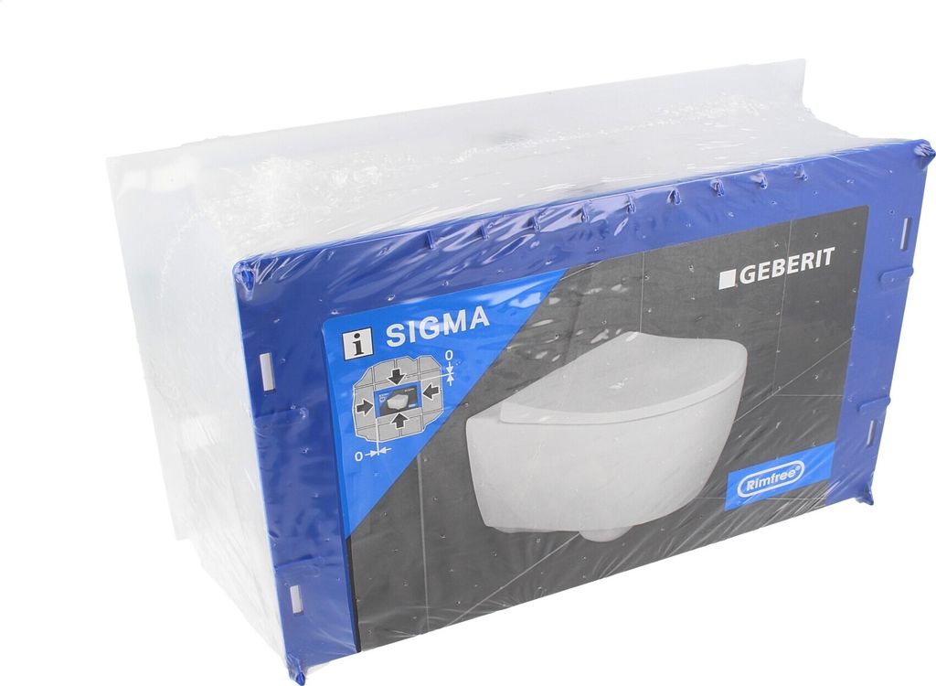 A packaged toilet cistern component with product branding and an image of the toilet.