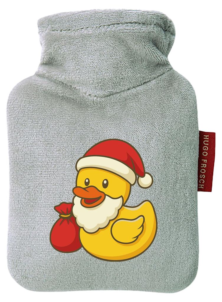 Huuraa Mini-Wärmflasche Quietscheente Weihnachtsmann Comic Gummiente 0,2 Liter Grey Mini Veloursbezug Taschenwärmer Geschenkidee