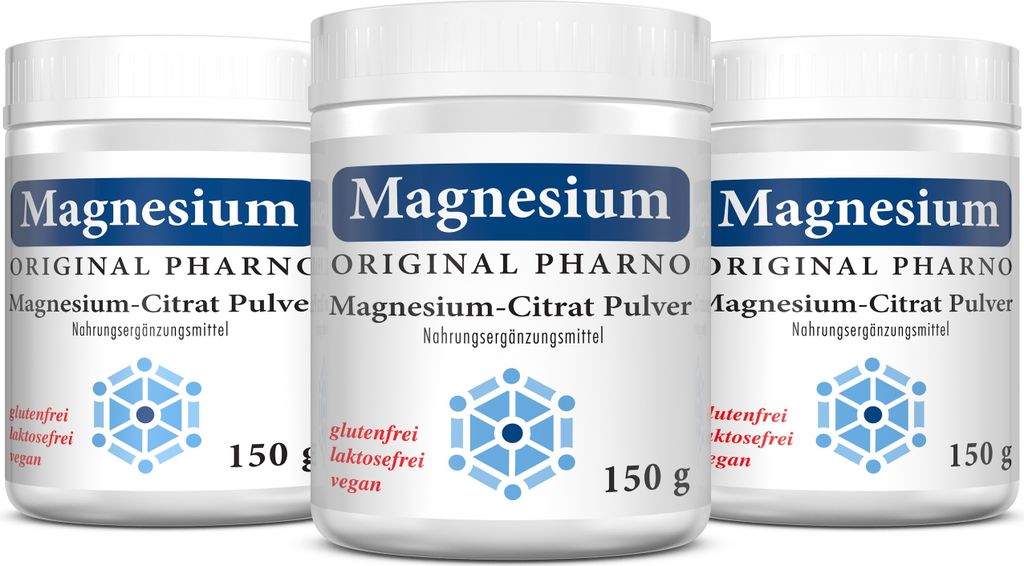 Original Pharno Magnesium-Citrat Pulver - 3 × 150 g – Pures Magnesium-Citrat ohne Zusätze