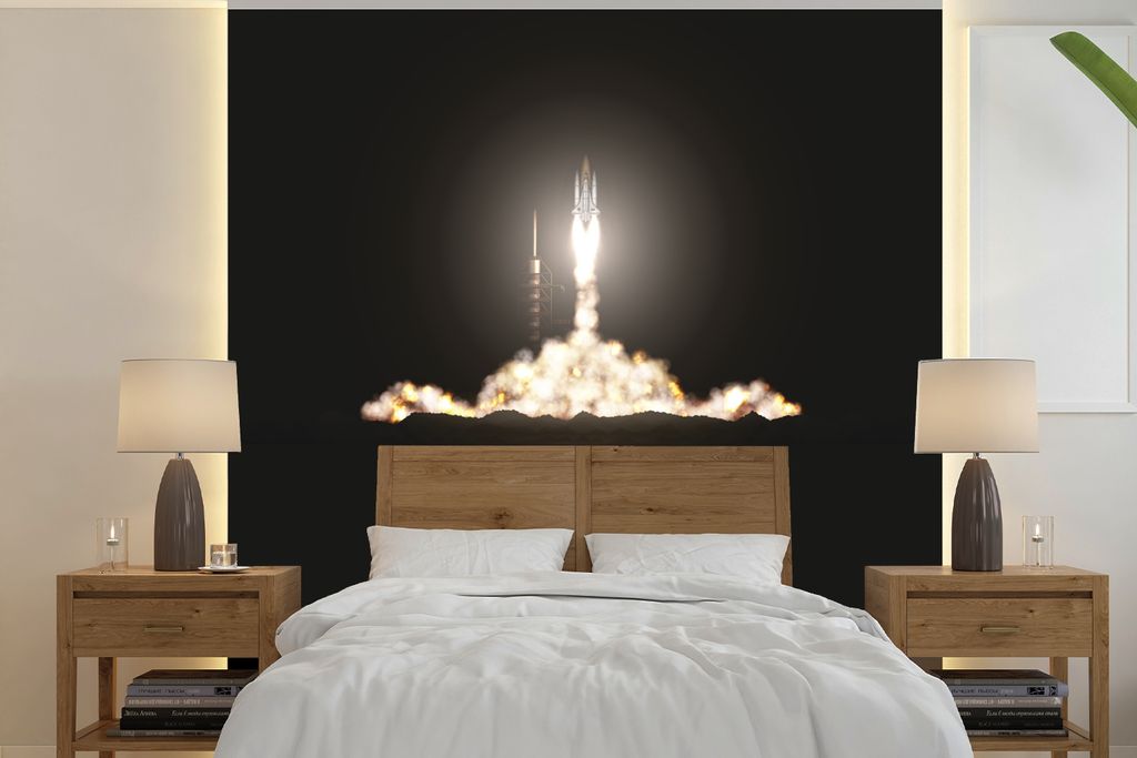 MuchoWow Fototapete für Wohnzimmer oder Schlafzimmer Wandtapete Vinyl Motivtapete Eine Illustration des Space Shuttle-Starts in der Dunkelheit -...