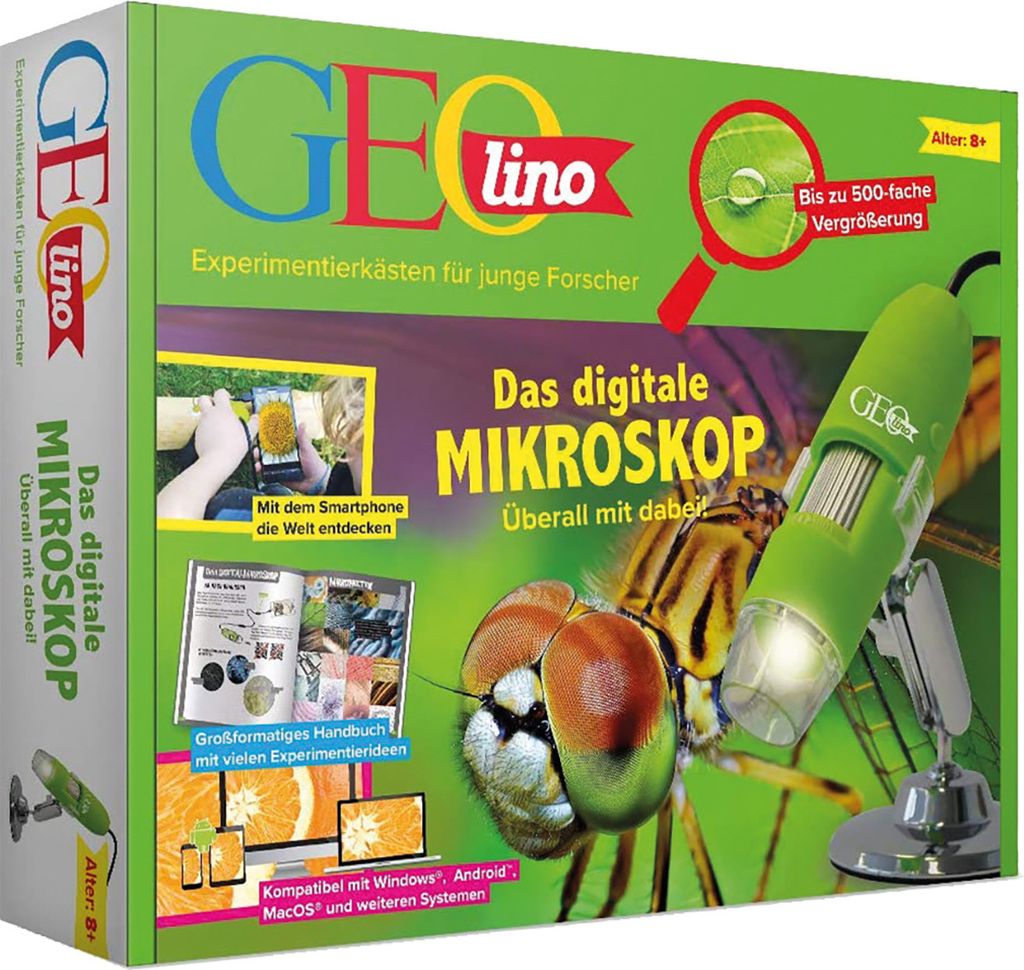FRANZIS 67069 - GEOlino Das digitale Mikroskop - überall mit dabei, bis zu 500-fache Vergrößerung, Experimentierkasten für junge Forscher ab 8 Jahren
