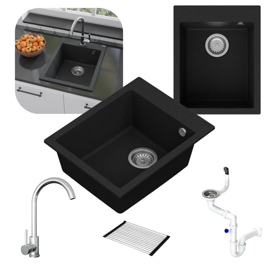 Granmaster Ivo Granitspülbecken Komplett-Set mit Silber Edelstahl-Küchenarmatur, Automatischem Syphon und Rollmatte – 1-komorige Spüle kratzfest