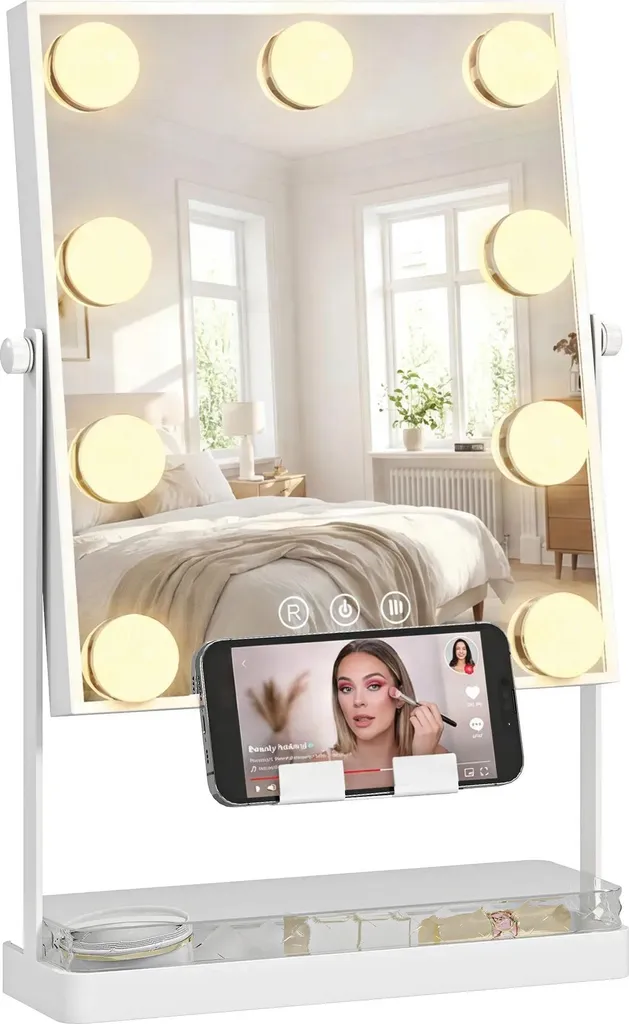 Miroir de maquillage Hollywood blanc avec 9 LED et support téléphone