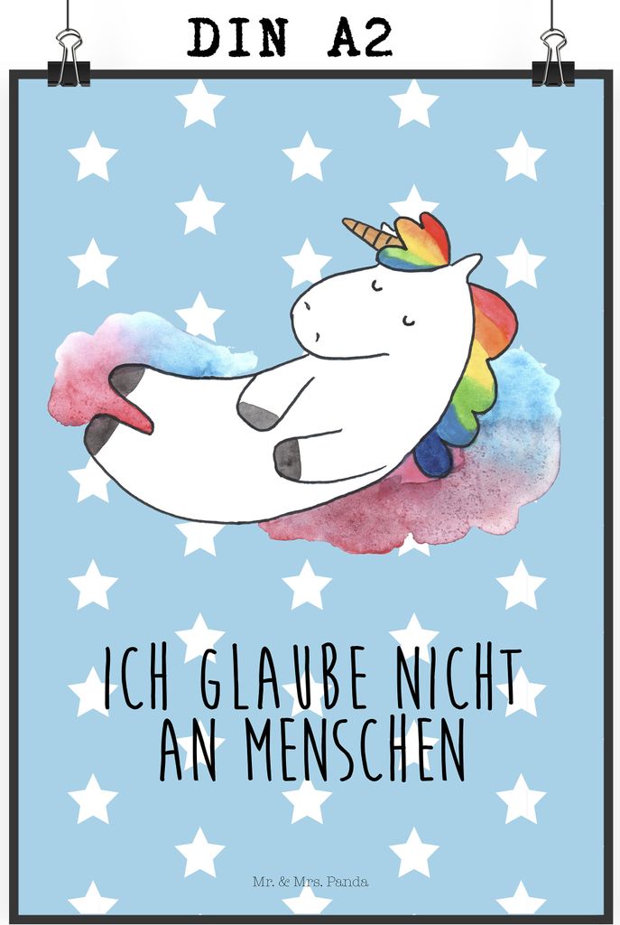 Mr. & Mrs. Panda Bild Einhorn Wolke 7 DIN A2 - Blau Pastell - Geschenk, wanddeko, Menschen, Plakat, Unicorn, Wandbild, Einhörner, drucke, Lächeln...