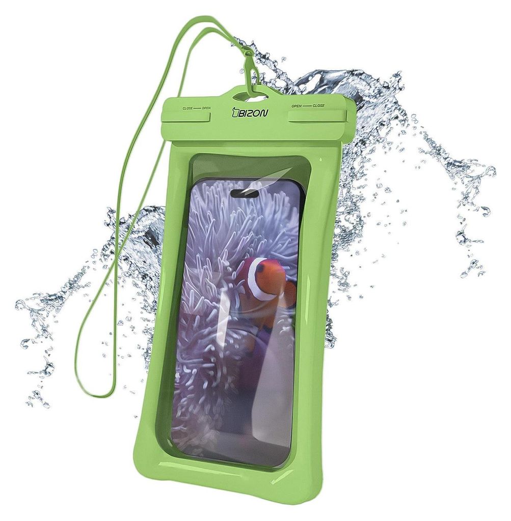 A green waterproof phone case with a smartphone inside displaying a clownfish, surrounded by splashing water.