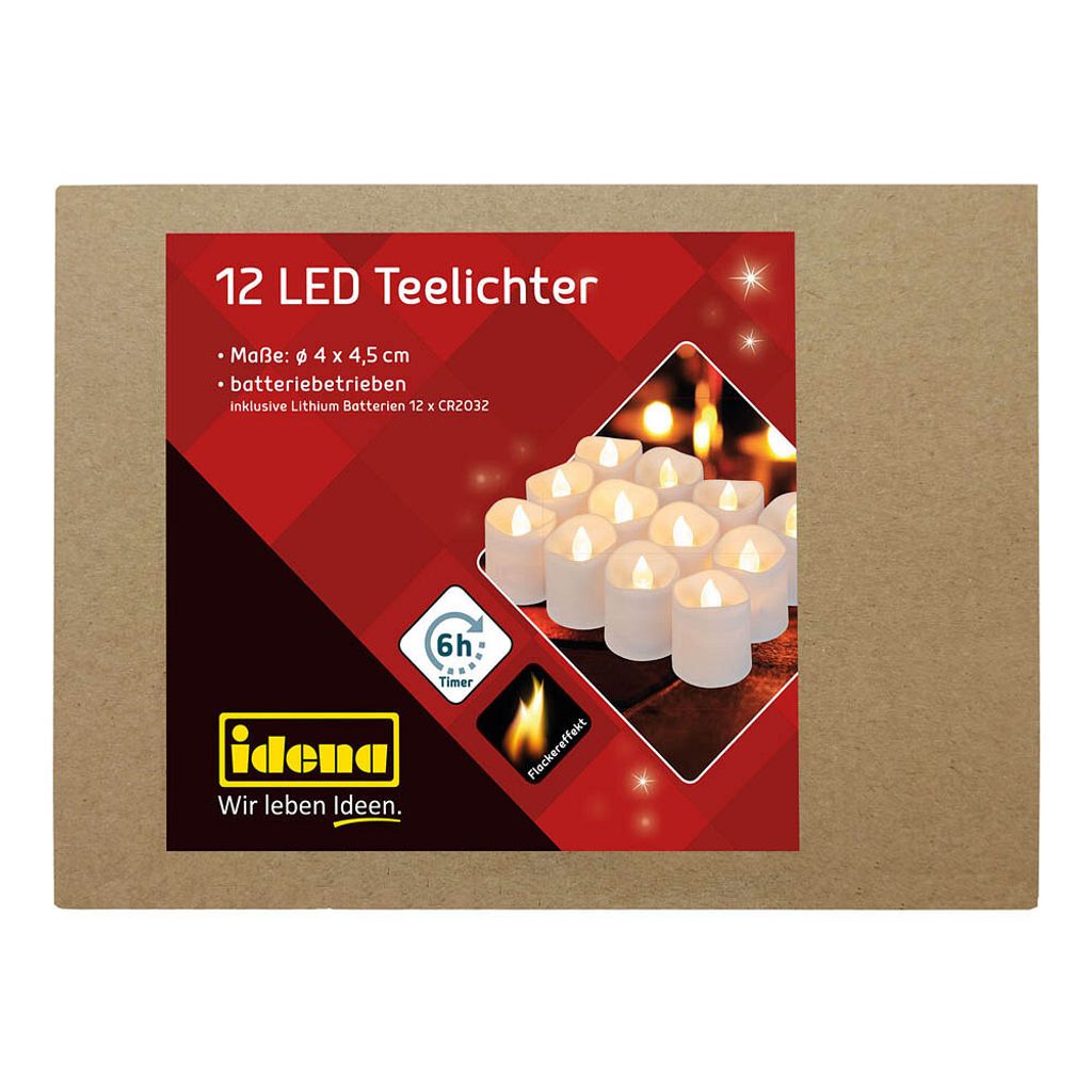 Idena 12 LED Teelichter Kerze warmweiß mit Flackereffekt