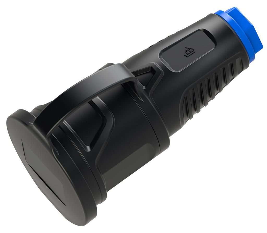 BACHMANN Schutzkontaktkupplung Vollgummi CEE7/3, Deckelband, IP54, schwarz / blau