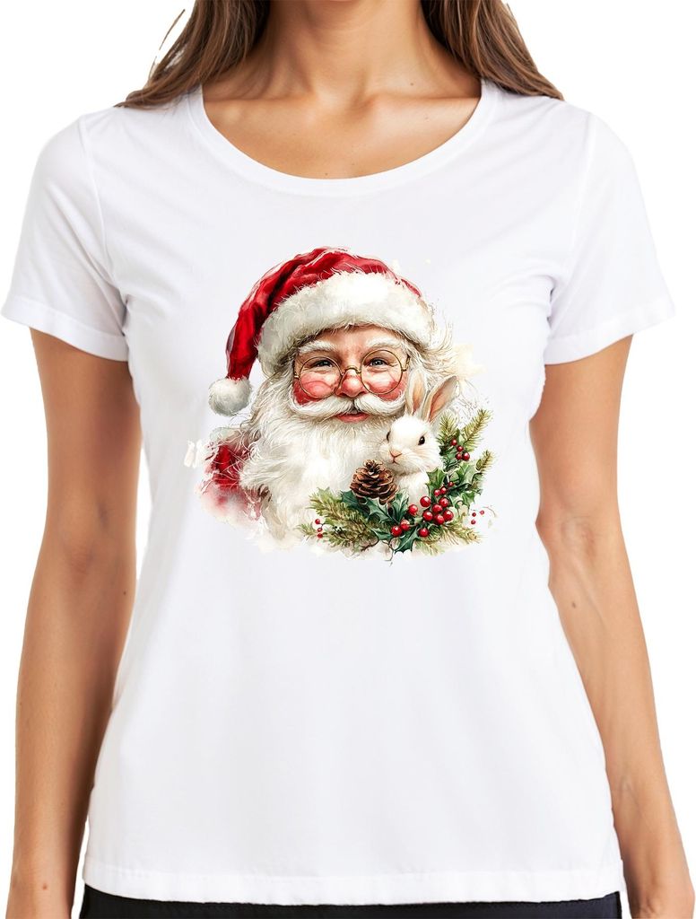Weihnachtsmann Kaninchen Tannenzapfen Stechpalme Aquarell Damen T-Shirt, Weiß, XXL
