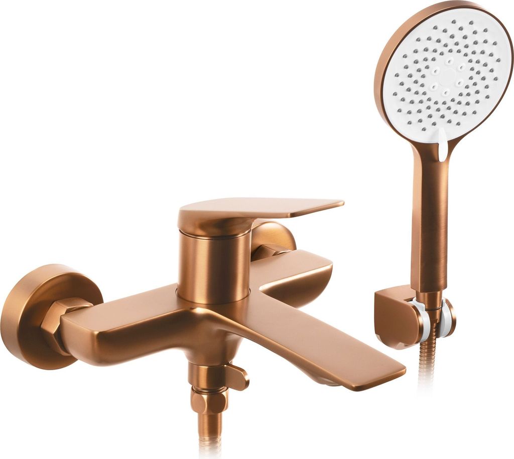 A copper-colored bathtub faucet and showerhead set against a white background.