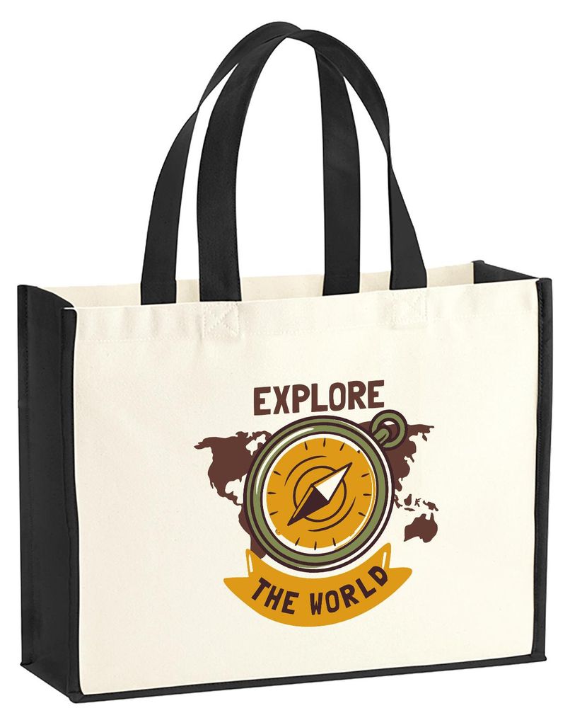 Huuraa Jutetasche Explore the world Kompass 21 Liter Black Jute und Baumwolle Einkaufstasche Geschenkidee
