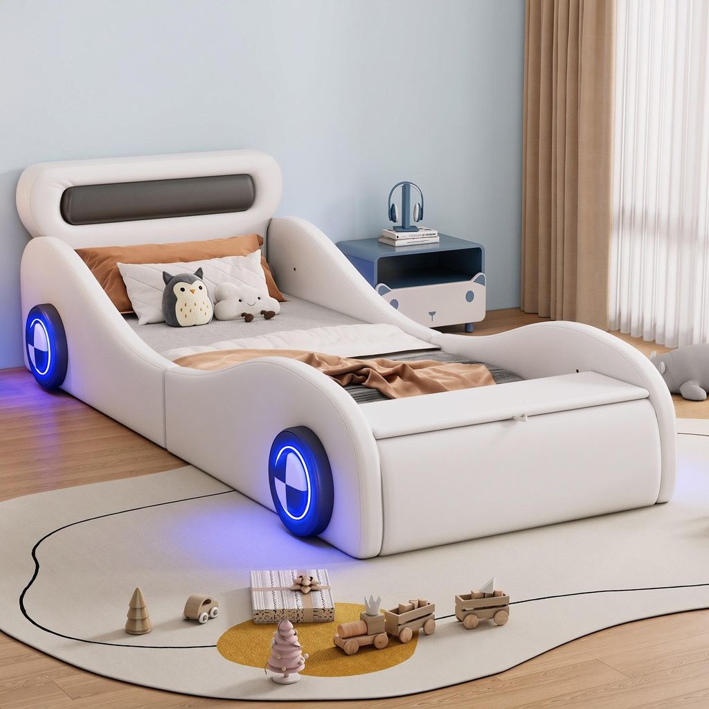 MODFU Kinderbed, bekleed bed, 90x200 cm, met verlichte Productafbeelding  AI-gegenereerde afbeelding