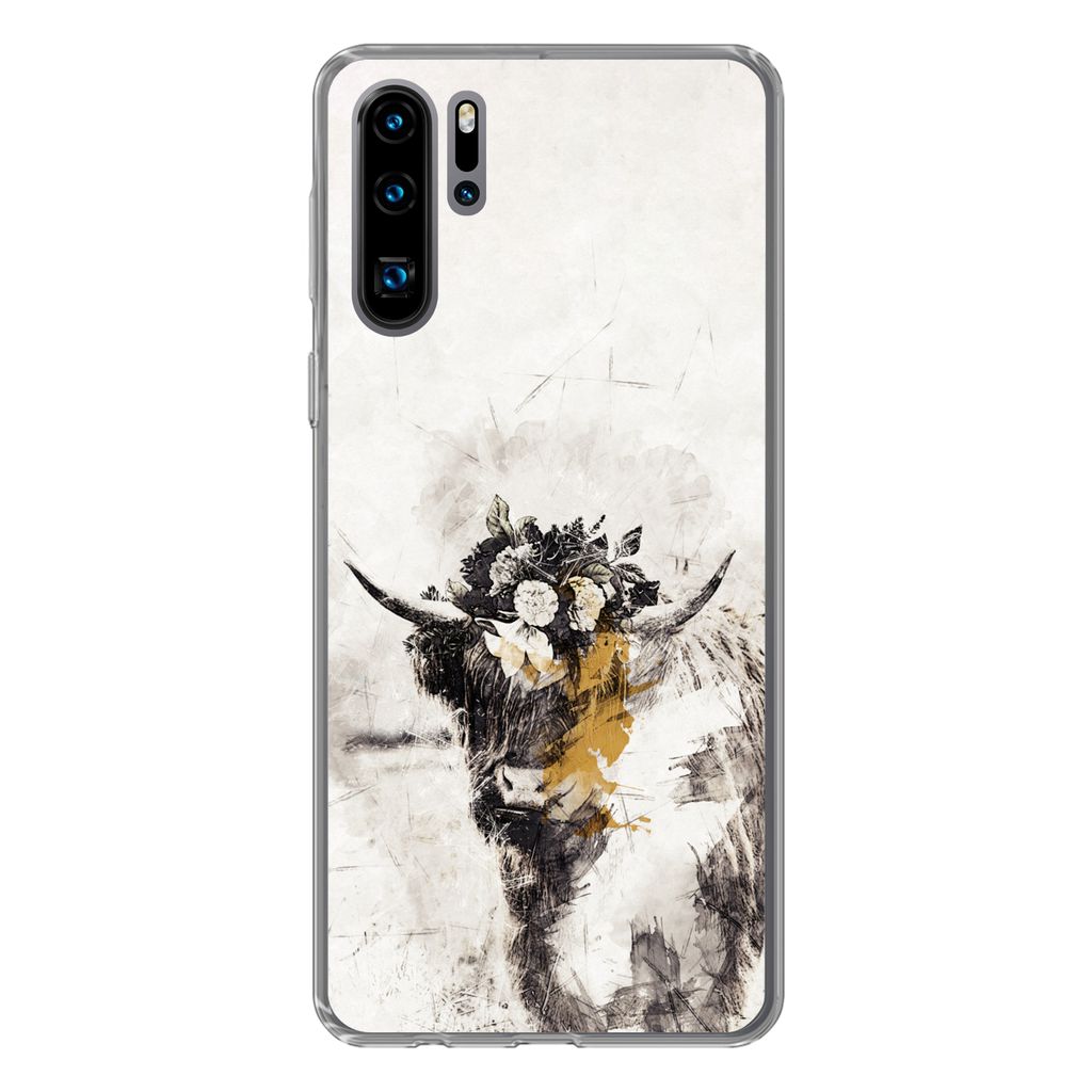 MuchoWow Handyhülle Schutzhülle Hülle für Huawei P30 Pro Schottischer Highlander - Farbe - Blumen Silikon Softcase Handy Hülle - Schutzdeckel