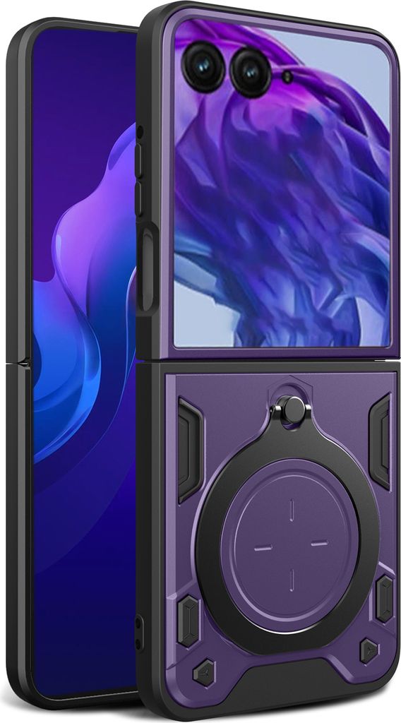 Handyhülle für Motorola Razr 50 Ultra Dual-Layer Stoßfest Rüstung Hülle mit Kreisförmig Ring Ständer Lila