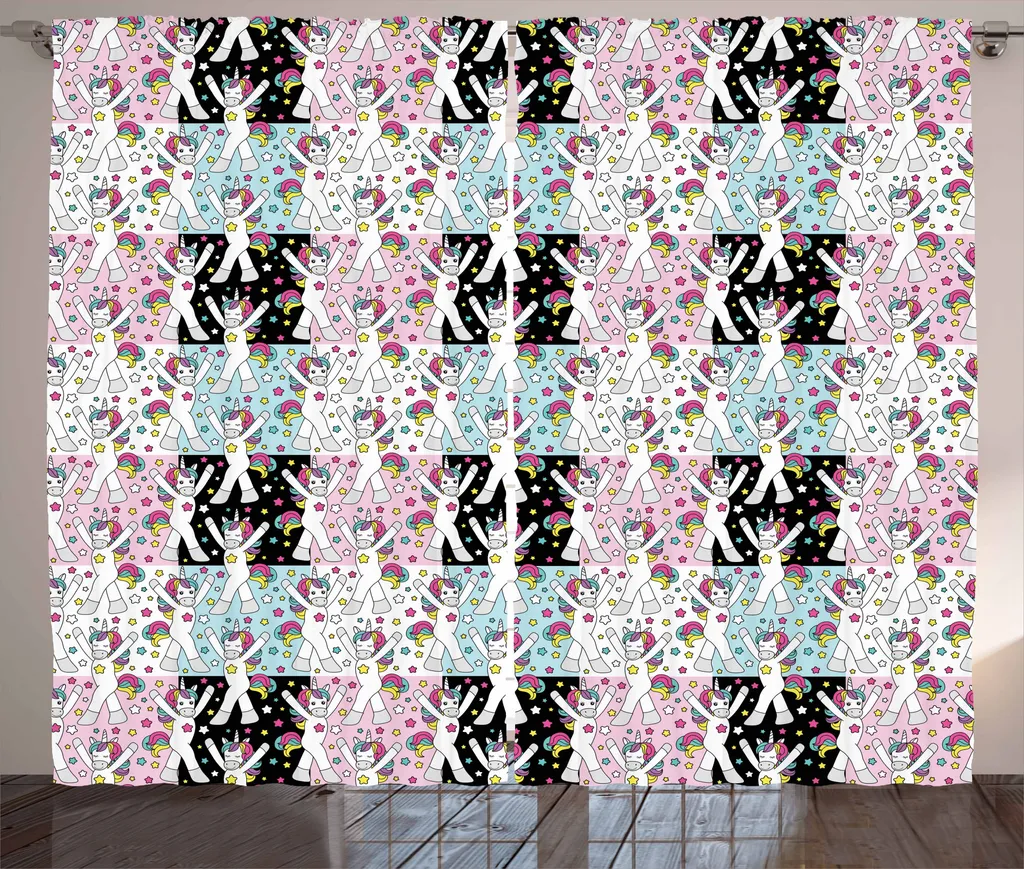 ABAKUHAUS Unicorn Party Tenda rustica, Cartoon Magic, Tenda con passanti e ganci per camera da letto, 280 x 175 cm, multicolore