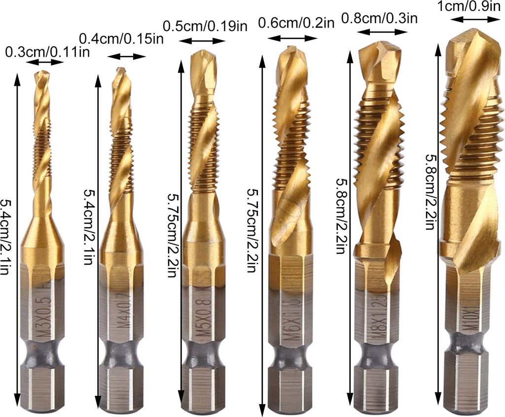 6 Stück metrische Gewinde M3-M10 Titanbeschichtete HSS Bohrer und Gewindebohrer 1/4" Sechskantschaft