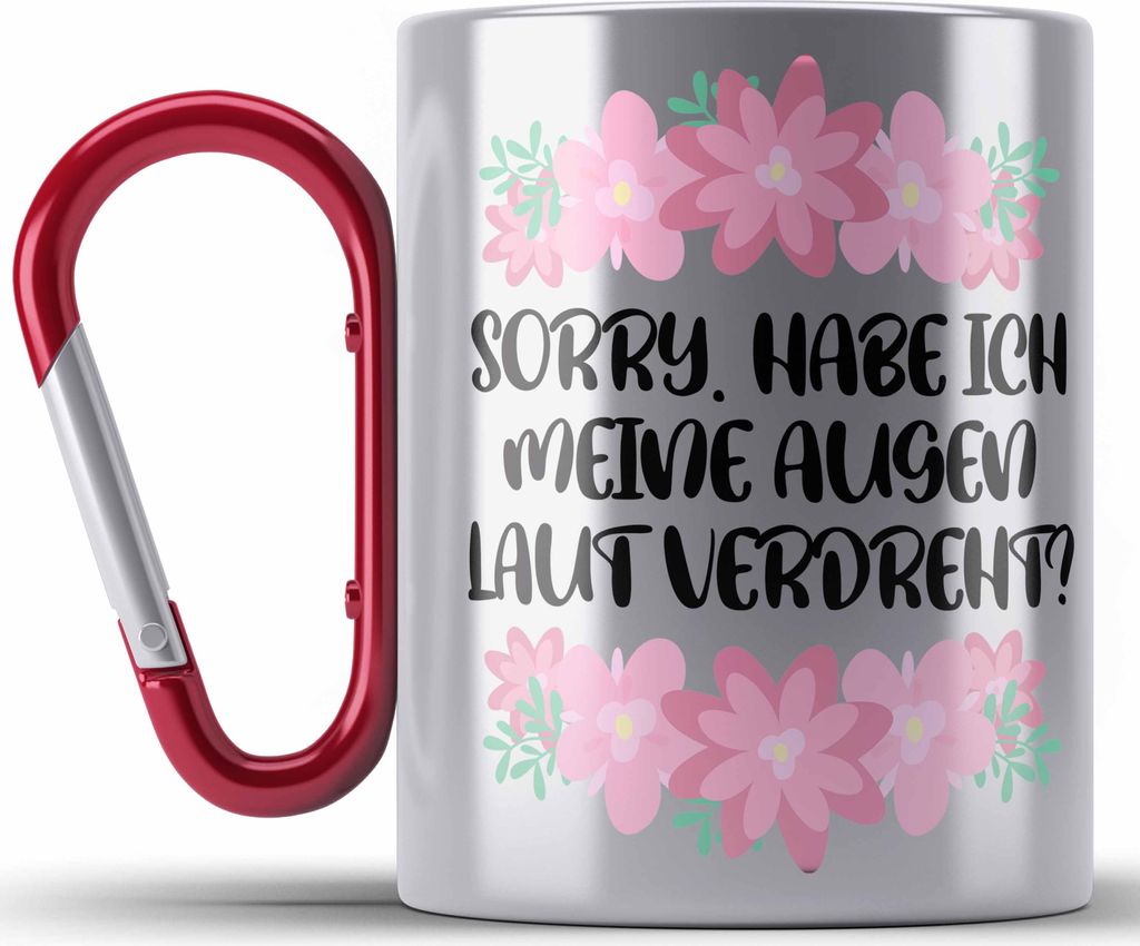 Trendation - Lustige Edelstahl Tasse Karabiner mit Spruch - Augen Laut Verdreht - Rosa Witzige Sprüche Karabiner Edelstahl Tasse Karabiner Edelsta...