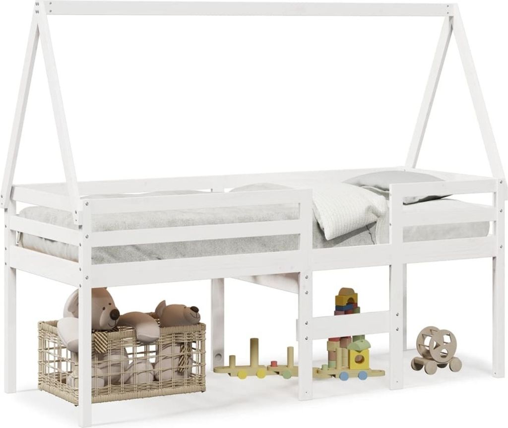 Design Hochbett mit Dach Weiß 75x190 cm Massivholz Kiefer, Klassische Betten 2024 Neu