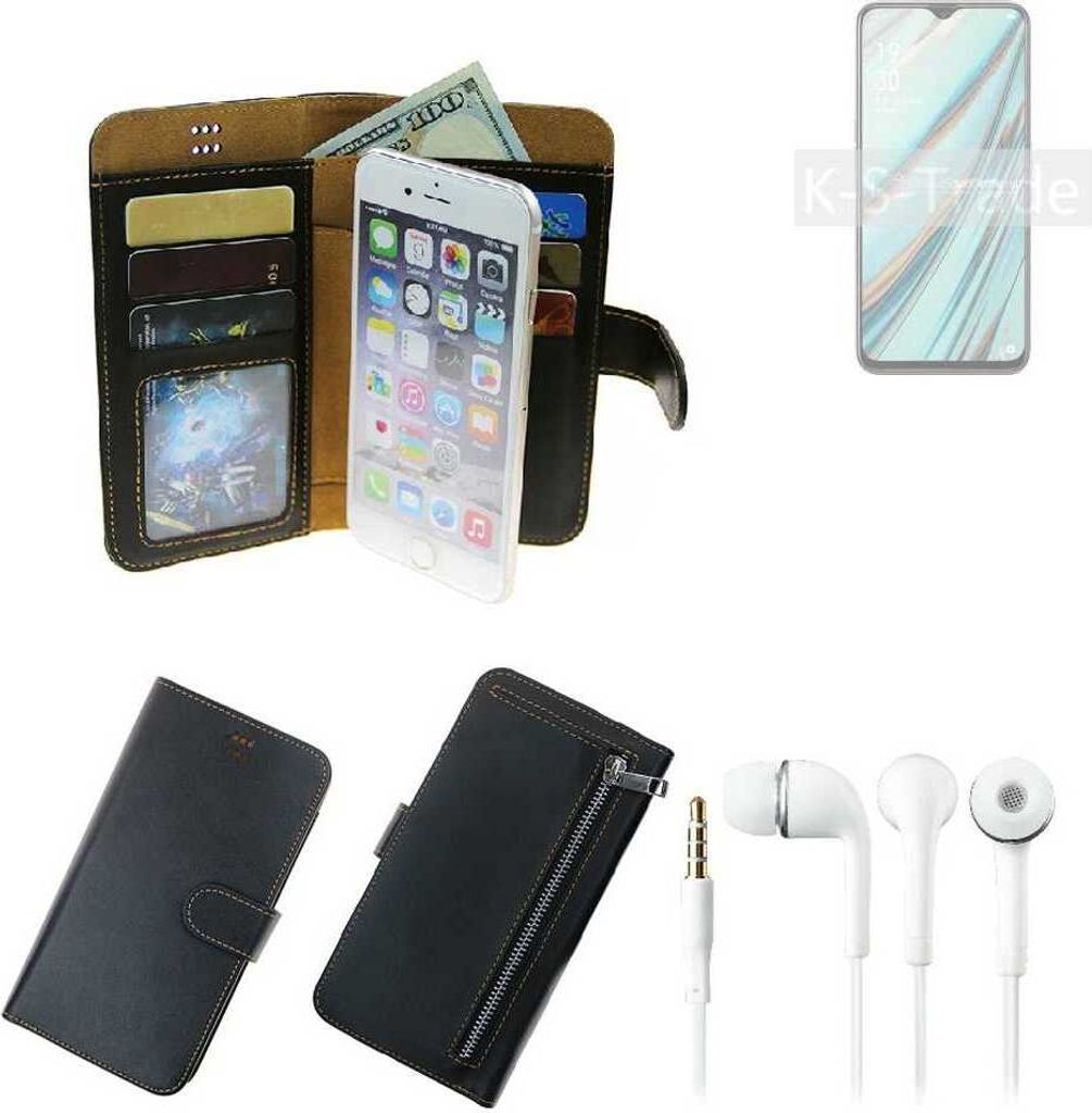 TOP SET Handy Hülle Schutz Hülle kompatibel mit Oppo A9 schwarz aus Kunstleder + Kopfhörer Smartphone Tasche vollwertige Geldbörse K-S-Trade