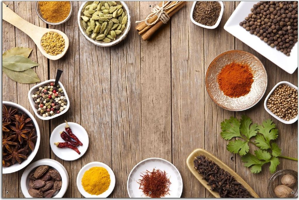 Wallario Outdoor-Poster für Garten oder Balkon, Motiv Gewürze in Schüsseln auf einem alten Holztisch in der Küche, in ca. 61 x 91,50 cm