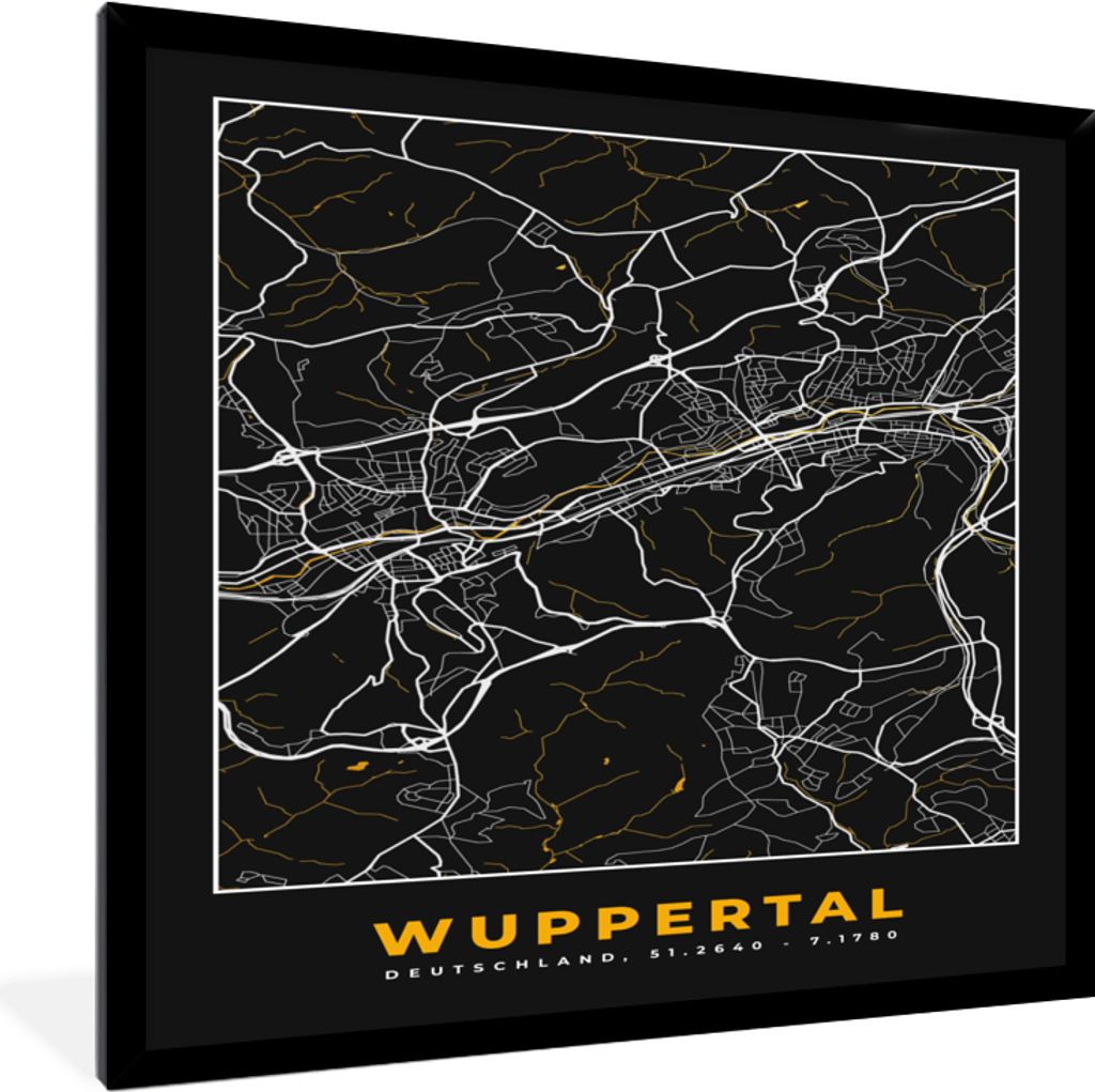 MuchoWow Gerahmtes Poster Stadtplan - Deutschland - Gold - Wuppertal - Karte 40x40 cm - Poster mit Schwarzem Bilderrahmen Wandposter Rahmen Foto ...