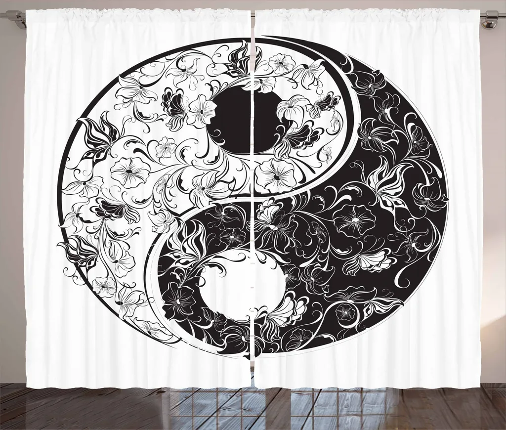 ABAKUHAUS Yin Yang Tenda rustica, motivi floreali, tende universali per soggiorno con passanti e ganci, 280 x 245 cm, tortora scuro e bianco